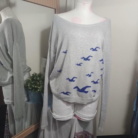 Hollister | Gray Navy Bird Knit Off The Shoulder Dolman Sweater Small - Picture 1 of 8